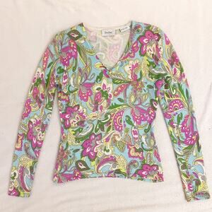Neiman Marcus Cashmere Sweater Paisley Colorful Winter Vintage Medium Pullover